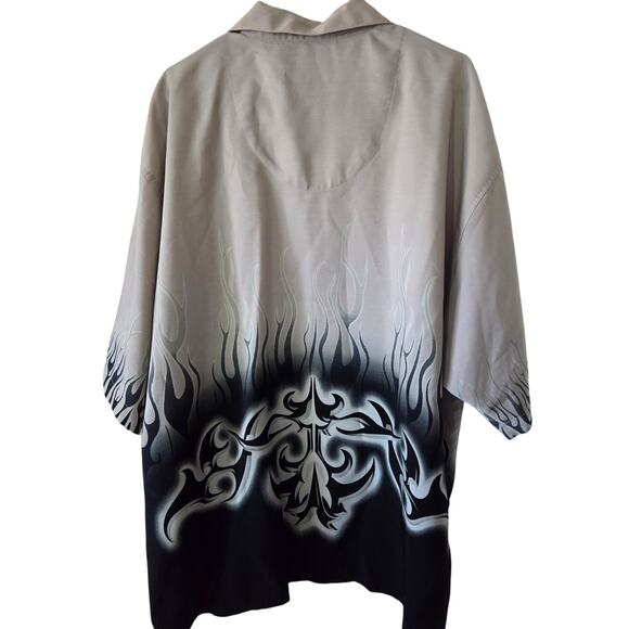 Vtg Y2K No Boundaries 2XL Black Gray Flames Graphic Button up Shirt Tribal - Picture 2 of 8